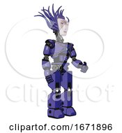 Poster, Art Print Of Android Containing Humanoid Face Mask And Spiral Design And Light Chest Exoshielding And Blue Energy Core And Prototype Exoplate Legs Primary Blue Halftone Facing Left View