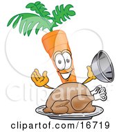 Clipart Picture Of An Orange Carrot Mascot Cartoon Character Serving A Cooked Thanksgiving Turkey Bird In A Platter by Toons4Biz