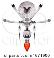 Poster, Art Print Of Cyborg Containing Dual Retro Camera Head And Satellite Dish Head And Light Chest Exoshielding And Blue-Eye Cam Cable Tentacles And No Chest Plating And Jet Propulsion White Halftone Toon Front View