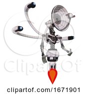 Poster, Art Print Of Cyborg Containing Dual Retro Camera Head And Satellite Dish Head And Light Chest Exoshielding And Blue-Eye Cam Cable Tentacles And No Chest Plating And Jet Propulsion White Halftone Toon