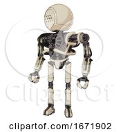 Poster, Art Print Of Android Containing Dots Array Face And Heavy Upper Chest And No Chest Plating And Ultralight Foot Exosuit Off White Toon Standing Looking Right Restful Pose