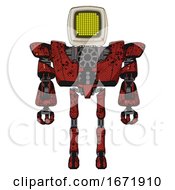 Cyborg Containing Old Computer Monitor And Yellow Circle Array Display And Heavy Upper Chest And Heavy Mech Chest And Ultralight Foot Exosuit Grunge Dots Cherry Tomato Red Front View