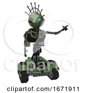 Poster, Art Print Of Robot Containing Oval Wide Head And Giant Blue And Red Led Eyes And Techno Halo Ornament And Light Chest Exoshielding And Rocket Pack And No Chest Plating And Tank Tracks Grass Green