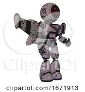 Poster, Art Print Of Robot Containing Three Led Eyes Round Head And Light Chest Exoshielding And Rubber Chain Sash And Stellar Jet Wing Rocket Pack And Light Leg Exoshielding Dark Ink Dots Sketch Facing Left View