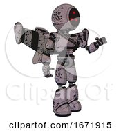 Poster, Art Print Of Robot Containing Three Led Eyes Round Head And Light Chest Exoshielding And Rubber Chain Sash And Stellar Jet Wing Rocket Pack And Light Leg Exoshielding Dark Ink Dots Sketch Interacting