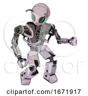 Poster, Art Print Of Mech Containing Grey Alien Style Head And Green Demon Eyes And Bug Antennas And Heavy Upper Chest And No Chest Plating And Prototype Exoplate Legs Sketch Pad Light Fight Or Defense Pose