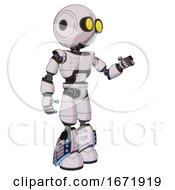Poster, Art Print Of Droid Containing Round Head And Large Yellow Eyes And Light Chest Exoshielding And Chest Green Blue Lights Array And Light Leg Exoshielding And Megneto-Hovers Foot Mod White Halftone Toon