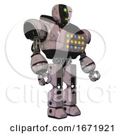 Poster, Art Print Of Robot Containing Humanoid Face Mask And Two-Face Black White Mask And Heavy Upper Chest And Colored Lights Array And Prototype Exoplate Legs Gray Metal Facing Left View