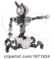 Poster, Art Print Of Mech Containing Round Head And Maru Eyes And Head Winglets And Heavy Upper Chest And No Chest Plating And Insect Walker Legs White Halftone Toon Pointing Left Or Pushing A Button