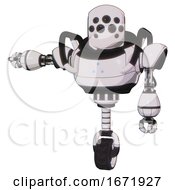 Poster, Art Print Of Automaton Containing Round Head And Bug Eye Array And Heavy Upper Chest And Triangle Of Blue Leds And Unicycle Wheel White Halftone Toon Arm Out Holding Invisible Object