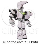 Poster, Art Print Of Android Containing Flat Elongated Skull Head And Heavy Upper Chest And Heavy Mech Chest And Green Energy Core And Light Leg Exoshielding White Halftone Toon Hero Pose