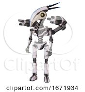 Bot Containing Bird Skull Head And Yellow Led Protruding Eyes And Head Shield Design And Light Chest Exoshielding And Minigun Back Assembly And No Chest Plating And Ultralight Foot Exosuit