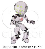 Poster, Art Print Of Cyborg Containing Round Head And Green Eyes Array And Light Chest Exoshielding And Red Chest Button And Prototype Exoplate Legs White Halftone Toon Fight Or Defense Pose