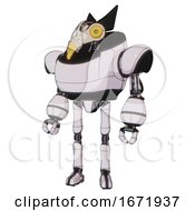 Poster, Art Print Of Bot Containing Bird Skull Head And Brass Steampunk Eyes And Robobeak Design And Heavy Upper Chest And Ultralight Foot Exosuit White Halftone Toon Standing Looking Right Restful Pose