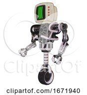 Poster, Art Print Of Cyborg Containing Old Computer Monitor And Three Lines Pixel Design And Red Buttons And Heavy Upper Chest And No Chest Plating And Unicycle Wheel White Halftone Toon Facing Right View