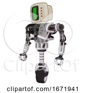 Poster, Art Print Of Cyborg Containing Old Computer Monitor And Three Lines Pixel Design And Red Buttons And Heavy Upper Chest And No Chest Plating And Unicycle Wheel White Halftone Toon