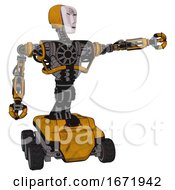 Poster, Art Print Of Robot Containing Humanoid Face Mask And Spiral Design And Heavy Upper Chest And No Chest Plating And Six-Wheeler Base Worn Construction Yellow Pointing Left Or Pushing A Button