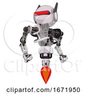 Poster, Art Print Of Droid Containing Round Head And Horizontal Red Visor And Head Winglets And Heavy Upper Chest And No Chest Plating And Jet Propulsion White Halftone Toon Hero Pose