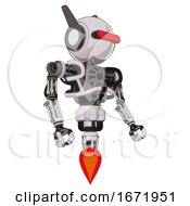 Poster, Art Print Of Droid Containing Round Head And Horizontal Red Visor And Head Winglets And Heavy Upper Chest And No Chest Plating And Jet Propulsion White Halftone Toon Facing Left View