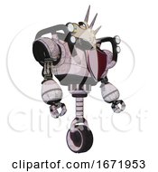 Poster, Art Print Of Bot Containing Bird Skull Head And Big Yellow Eyes And Heavy Upper Chest And Red Shield Defense Design And Shoulder Headlights And Unicycle Wheel Sketch Pad Dirty Smudge Facing Left View