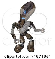 Poster, Art Print Of Droid Containing Flat Elongated Skull Head And Visor And Heavy Upper Chest And No Chest Plating And Light Leg Exoshielding Light Brown Halftone Fight Or Defense Pose