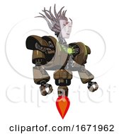 Poster, Art Print Of Cyborg Containing Humanoid Face Mask And Red Slashes War Paint And Heavy Upper Chest And Heavy Mech Chest And Green Energy Core And Jet Propulsion Old Copper Facing Left View