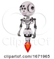 Poster, Art Print Of Mech Containing Round Head And Bug Eye Array And Head Light Gadgets And Light Chest Exoshielding And No Chest Plating And Jet Propulsion White Halftone Toon Standing Looking Right Restful Pose
