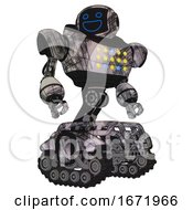 Poster, Art Print Of Automaton Containing Digital Display Head And Wide Smile And Heavy Upper Chest And Colored Lights Array And Tank Tracks Scribble Sketch Hero Pose