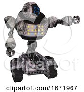 Poster, Art Print Of Automaton Containing Digital Display Head And Wide Smile And Heavy Upper Chest And Colored Lights Array And Tank Tracks Scribble Sketch Pointing Left Or Pushing A Button