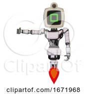 Bot Containing Old Computer Monitor And Pixel Square Design And Retro Futuristic Webcam And Light Chest Exoshielding And Ultralight Chest Exosuit And Jet Propulsion White Halftone Toon