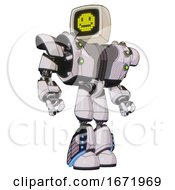 Robot Containing Old Computer Monitor And Pixel Design Of Yellow Happy Face And Heavy Upper Chest And Heavy Mech Chest And Green Cable Sockets Array And Light Leg Exoshielding 