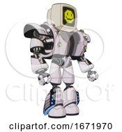 Poster, Art Print Of Robot Containing Old Computer Monitor And Pixel Design Of Yellow Happy Face And Heavy Upper Chest And Heavy Mech Chest And Green Cable Sockets Array And Light Leg Exoshielding 