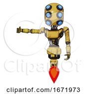 Droid Containing Round Head And Six Eye Array And Bug Eyes And Light Chest Exoshielding And Ultralight Chest Exosuit And Jet Propulsion Construction Yellow Halftone