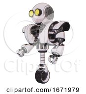 Poster, Art Print Of Automaton Containing Round Head And Large Yellow Eyes And Heavy Upper Chest And Heavy Mech Chest And Unicycle Wheel White Halftone Toon Facing Right View