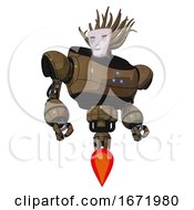 Poster, Art Print Of Robot Containing Humanoid Face Mask And Blood Tears And Heavy Upper Chest And Triangle Of Blue Leds And Jet Propulsion Old Copper Hero Pose