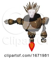 Poster, Art Print Of Robot Containing Humanoid Face Mask And Blood Tears And Heavy Upper Chest And Triangle Of Blue Leds And Jet Propulsion Old Copper Arm Out Holding Invisible Object
