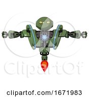Poster, Art Print Of Cyborg Containing Oval Wide Head And Yellow Eyes And Heavy Upper Chest And Heavy Mech Chest And Spectrum Fusion Core Chest And Jet Propulsion Grass Green T-Pose
