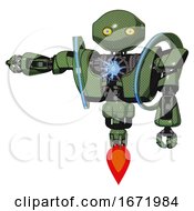 Poster, Art Print Of Cyborg Containing Oval Wide Head And Yellow Eyes And Heavy Upper Chest And Heavy Mech Chest And Spectrum Fusion Core Chest And Jet Propulsion Grass Green Arm Out Holding Invisible Object