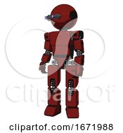 Poster, Art Print Of Android Containing Oval Wide Head And Telescopic Steampunk Eyes And Light Chest Exoshielding And Prototype Exoplate Chest And Prototype Exoplate Legs Matted Red Standing Looking Right Restful Pose
