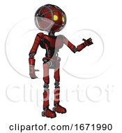 Poster, Art Print Of Robot Containing Oval Wide Head And Yellow Eyes And Barbed Wire Cage Helmet And Light Chest Exoshielding And Ultralight Chest Exosuit And Ultralight Foot Exosuit Cherry Tomato Red Interacting
