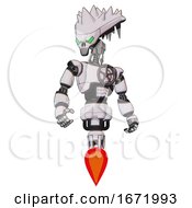Poster, Art Print Of Android Containing Flat Elongated Skull Head And Spikes And Light Chest Exoshielding And Chest Valve Crank And Jet Propulsion White Halftone Toon Hero Pose