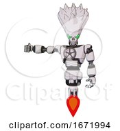 Poster, Art Print Of Android Containing Flat Elongated Skull Head And Spikes And Light Chest Exoshielding And Chest Valve Crank And Jet Propulsion White Halftone Toon Arm Out Holding Invisible Object