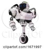Poster, Art Print Of Android Containing Digital Display Head And Circle Eyes And Green Led Array And Heavy Upper Chest And Triangle Of Blue Leds And Unicycle Wheel White Halftone Toon Hero Pose