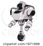 Android Containing Digital Display Head And Circle Eyes And Green Led Array And Heavy Upper Chest And Triangle Of Blue Leds And Unicycle Wheel White Halftone Toon Facing Right View