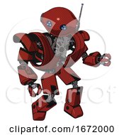 Poster, Art Print Of Mech Containing Oval Wide Head And Blue Led Eyes And Retro Antenna With Light And Heavy Upper Chest And Heavy Mech Chest And Prototype Exoplate Legs Cherry Tomato Red Fight Or Defense Pose