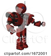 Poster, Art Print Of Mech Containing Oval Wide Head And Blue Led Eyes And Retro Antenna With Light And Heavy Upper Chest And Heavy Mech Chest And Prototype Exoplate Legs Cherry Tomato Red Interacting