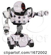 Poster, Art Print Of Automaton Containing Three Led Eyes Round Head And Heavy Upper Chest And Chest Energy Sockets And Six-Wheeler Base White Halftone Toon Pointing Left Or Pushing A Button