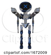 Poster, Art Print Of Android Containing Digital Display Head And X Face And Light Chest Exoshielding And Minigun Back Assembly And No Chest Plating And Ultralight Foot Exosuit Grunge Dark Blue Front View