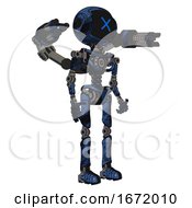 Poster, Art Print Of Android Containing Digital Display Head And X Face And Light Chest Exoshielding And Minigun Back Assembly And No Chest Plating And Ultralight Foot Exosuit Grunge Dark Blue Facing Left View
