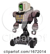 Automaton Containing Old Computer Monitor And Pixel Square Design And Red Buttons And Heavy Upper Chest And Colored Lights Array And Six Wheeler Base Dusty Rose Red Metal